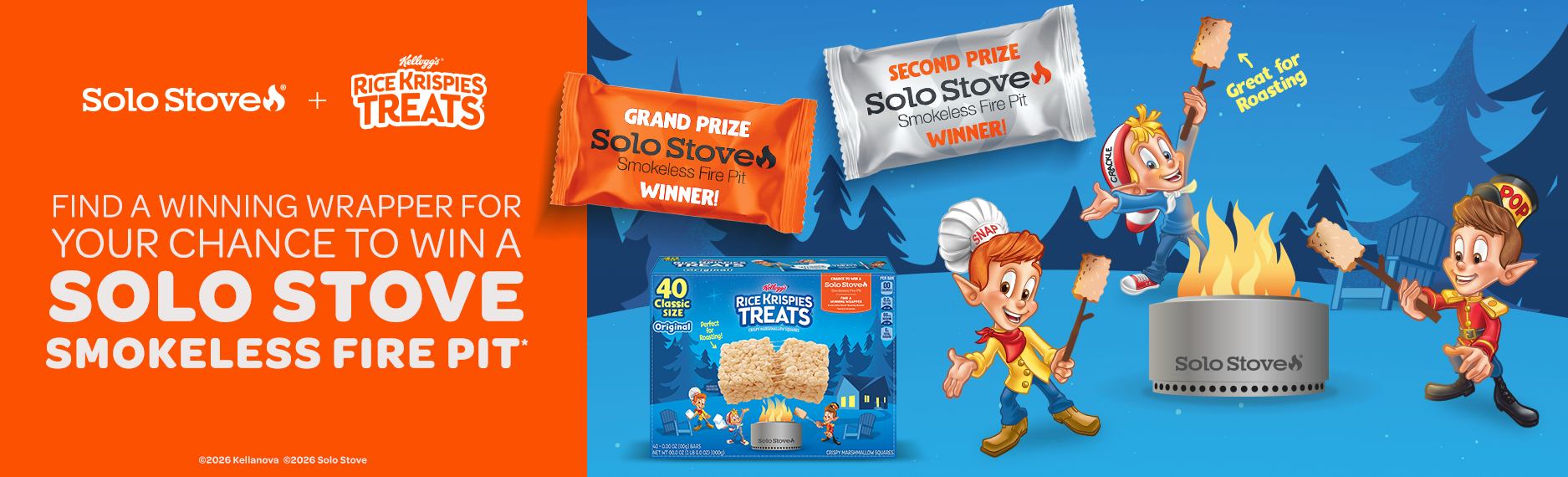 Rice Krispies Treats and Solo Stove giveaway promoting a chance to win a smokeless fire pit by finding a winning wrapper.