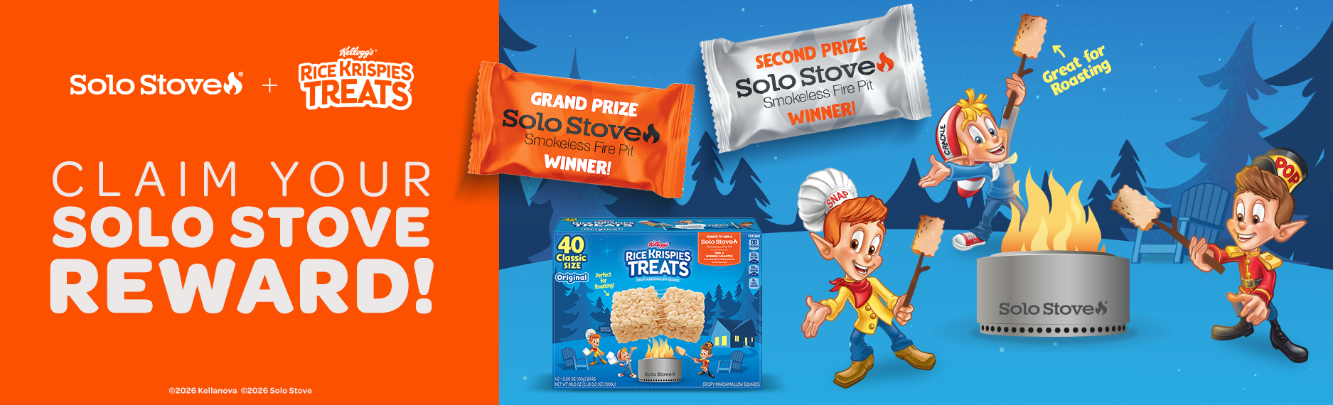 Rice Krispies Treats and Solo Stove giveaway promoting a chance to win a smokeless fire pit by finding a winning wrapper.